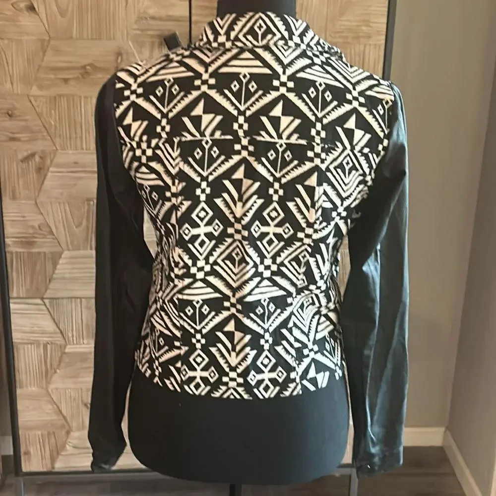 Blu Pepper Womens Moto Jacket Small Black White Aztec Print Bohochic - Picture 5 of 9